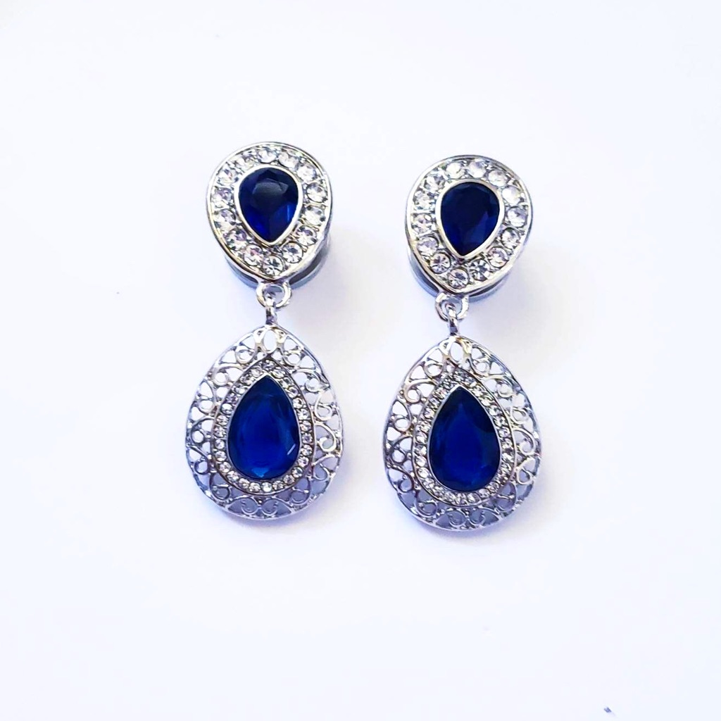 Sapphire Gem Ear Plugs Tunnels Stretchers Water Drop Gem Dangle Earrings